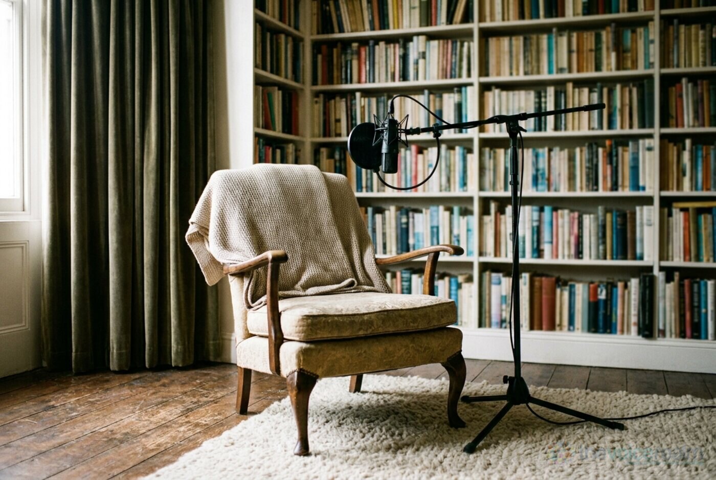 An armchair in front of a floor to ceiling bookcase packed with books, heavy velvet curtains, a thick rug and a microphone on a floor stand © The Voice Realm