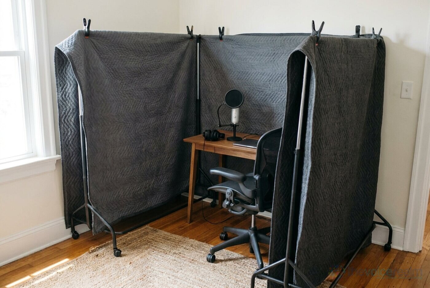 Grey quilted moving blankets clipped over two freestanding clothes rails in a U shape around a small desk, office chair and microphone © The Voice Realm
