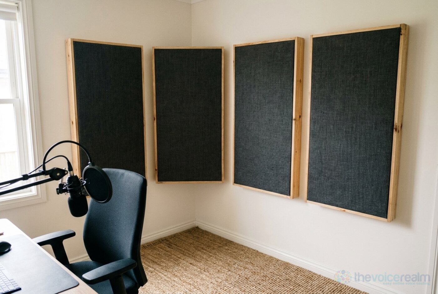 Four home-made acoustic panels, pine frames wrapped in charcoal fabric, hung across a room corner behind an office chair and microphone © The Voice Realm