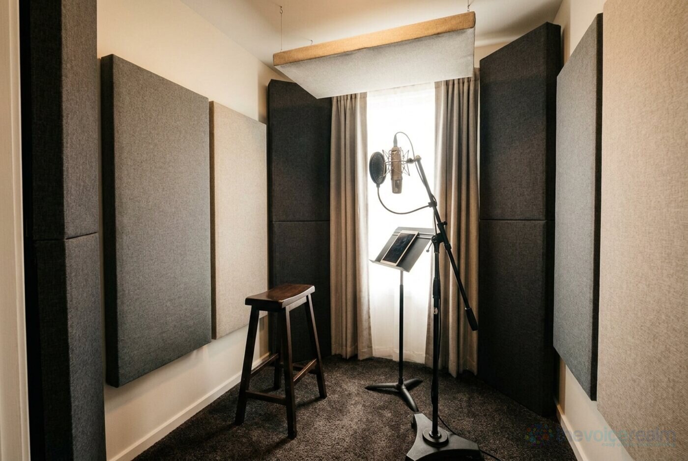 A small treated voice room with thick fabric panels on the walls, tall corner bass traps, a panel hanging from the ceiling and a microphone on a stand beside a stool © The Voice Realm