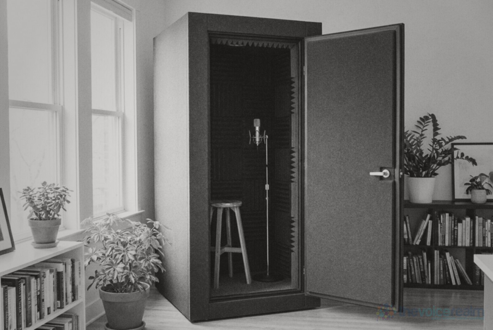 A freestanding grey recording booth in a bright home office with its heavy door open, a stool and microphone inside © The Voice Realm