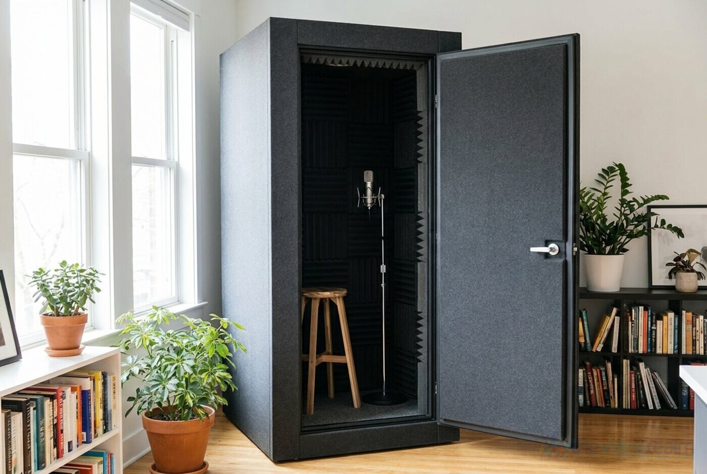 A freestanding grey recording booth in a bright home office with its heavy door open, a stool and microphone inside © The Voice Realm