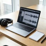 A laptop showing an audio waveform, studio headphones, a notepad of ticks and crosses and a cup of tea on a desk © The Voice Realm