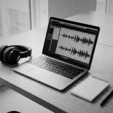A laptop showing an audio waveform, studio headphones, a notepad of ticks and crosses and a cup of tea on a desk © The Voice Realm