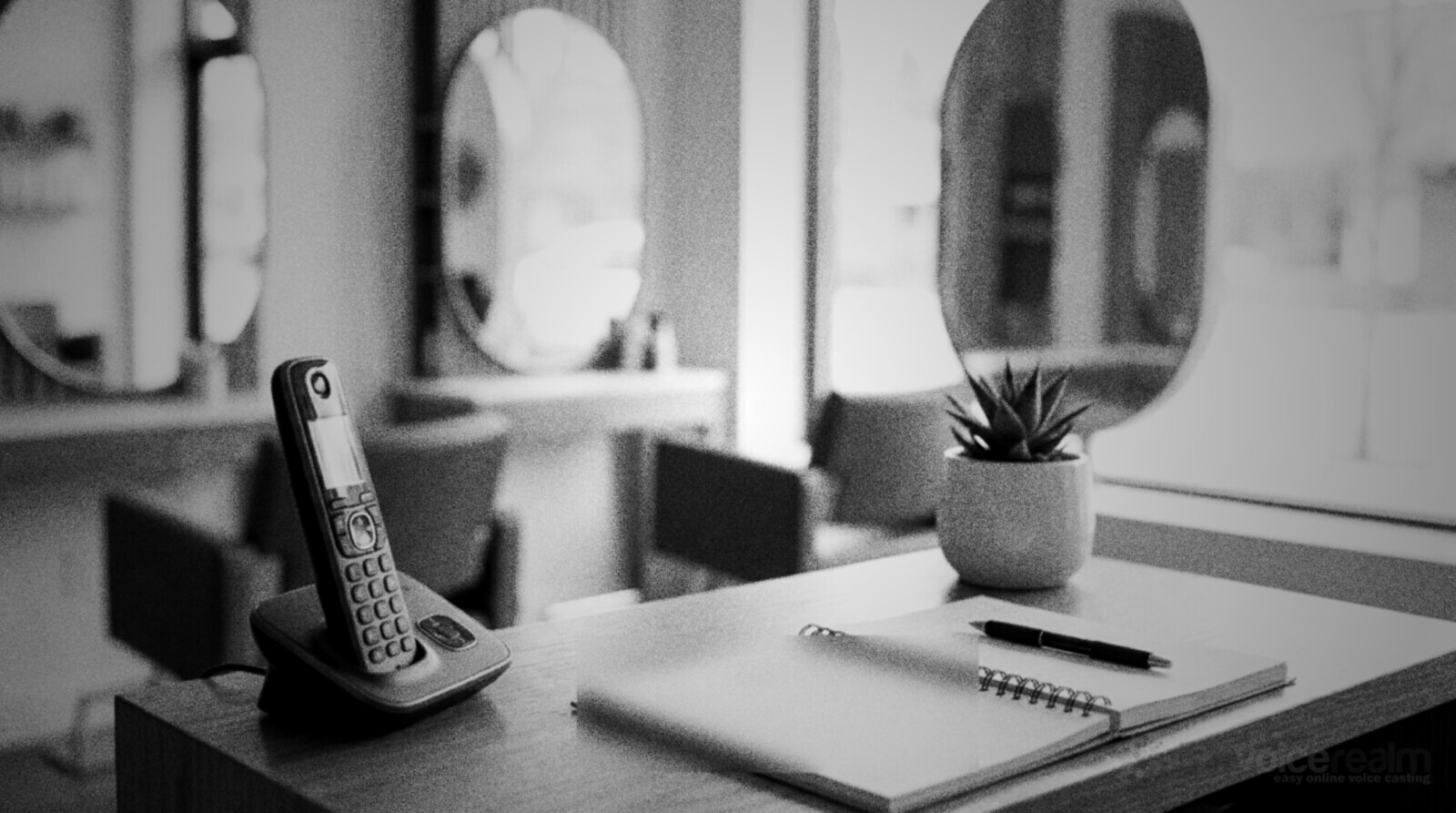 A cordless phone and an appointment book on the reception desk of a small hair salon © The Voice Realm