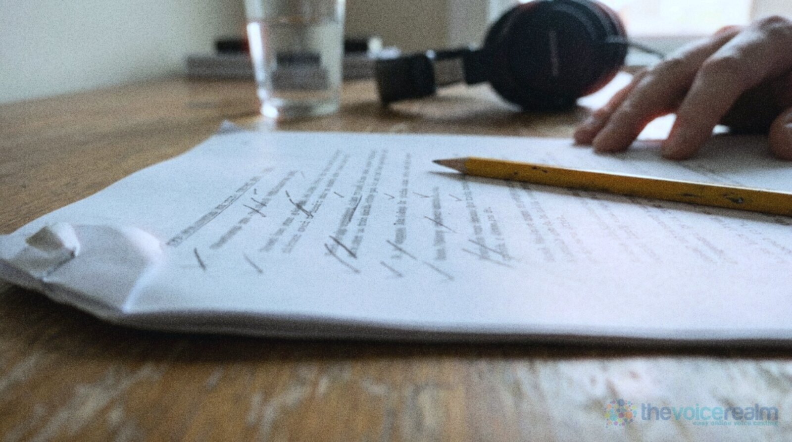 A printed script on a wooden desk marked with pencil slashes between phrases and ticks in the margin, a yellow pencil on the page and headphones and a glass of water behind © The Voice Realm