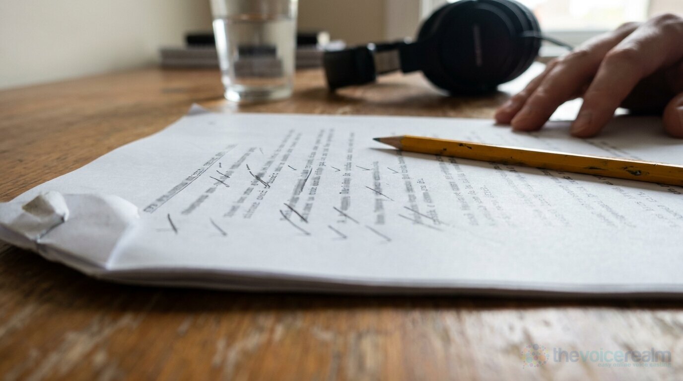 A printed script on a wooden desk marked with pencil slashes between phrases and ticks in the margin, a yellow pencil on the page and headphones and a glass of water behind © The Voice Realm