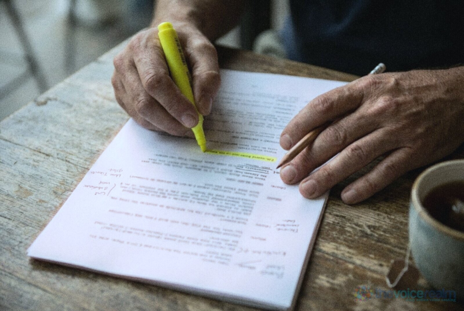Hands marking up a printed script with a yellow highlighter and a pencil on a wooden table, a cup of tea beside it © The Voice Realm