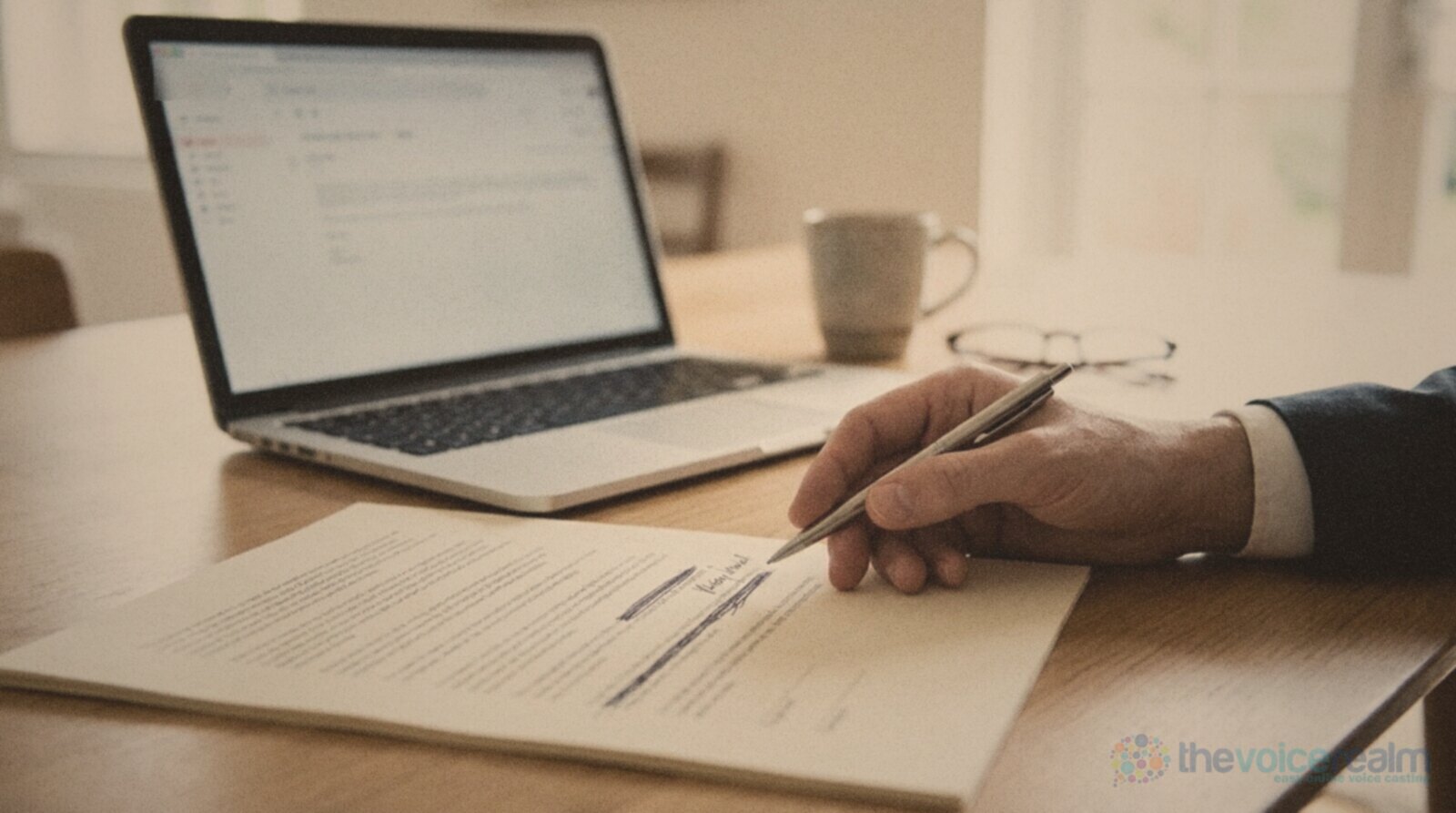 A hand crossing out a line on a printed script with a pen, beside an open laptop showing an email © The Voice Realm
