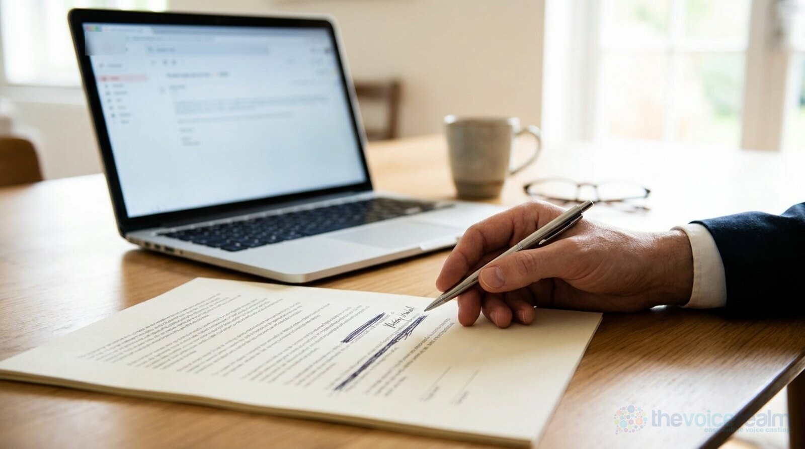 A hand crossing out a line on a printed script with a pen, beside an open laptop showing an email © The Voice Realm