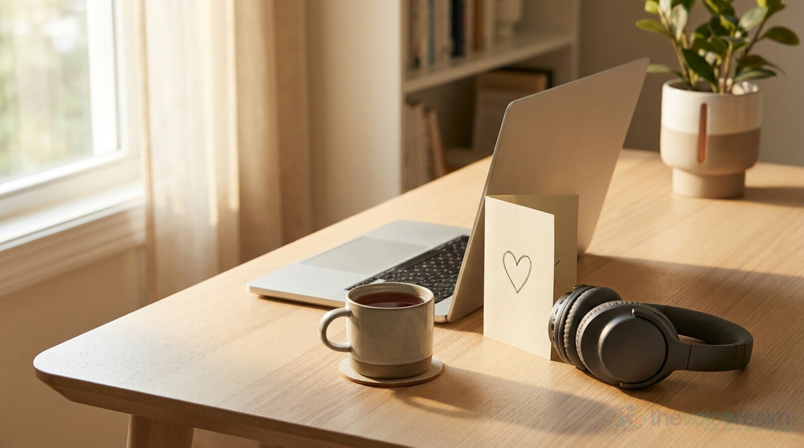 A home office desk with a laptop, headphones, a cup of tea and a thank-you card with a small drawn heart © The Voice Realm