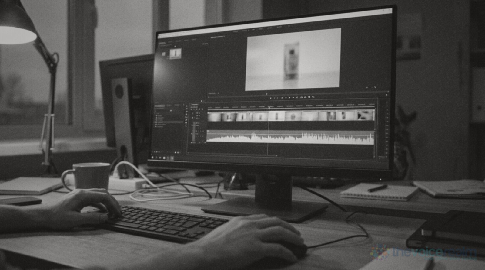 A video editor's desk with a monitor showing a video timeline and a green audio waveform track lined up underneath © The Voice Realm