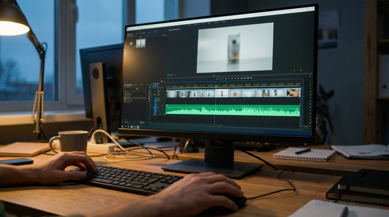 A video editor's desk with a monitor showing a video timeline and a green audio waveform track lined up underneath © The Voice Realm