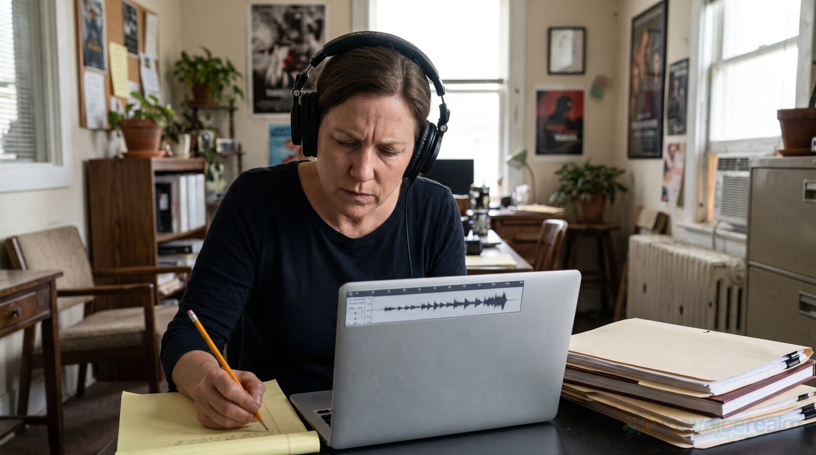 A woman in headphones listening to voice auditions on a laptop and taking notes on a yellow pad © The Voice Realm