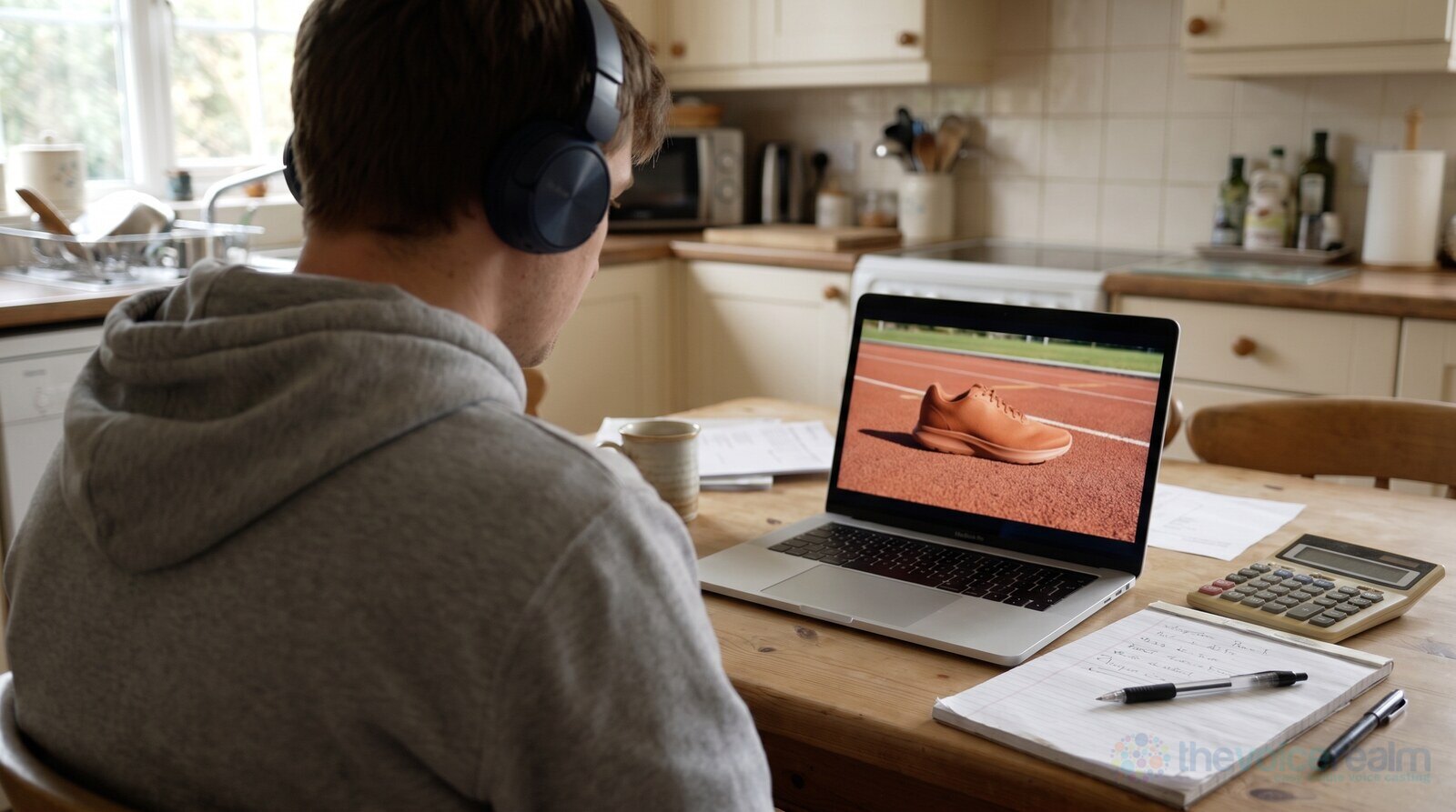 A man in headphones reviewing a finished ad on his laptop at a kitchen table © The Voice Realm