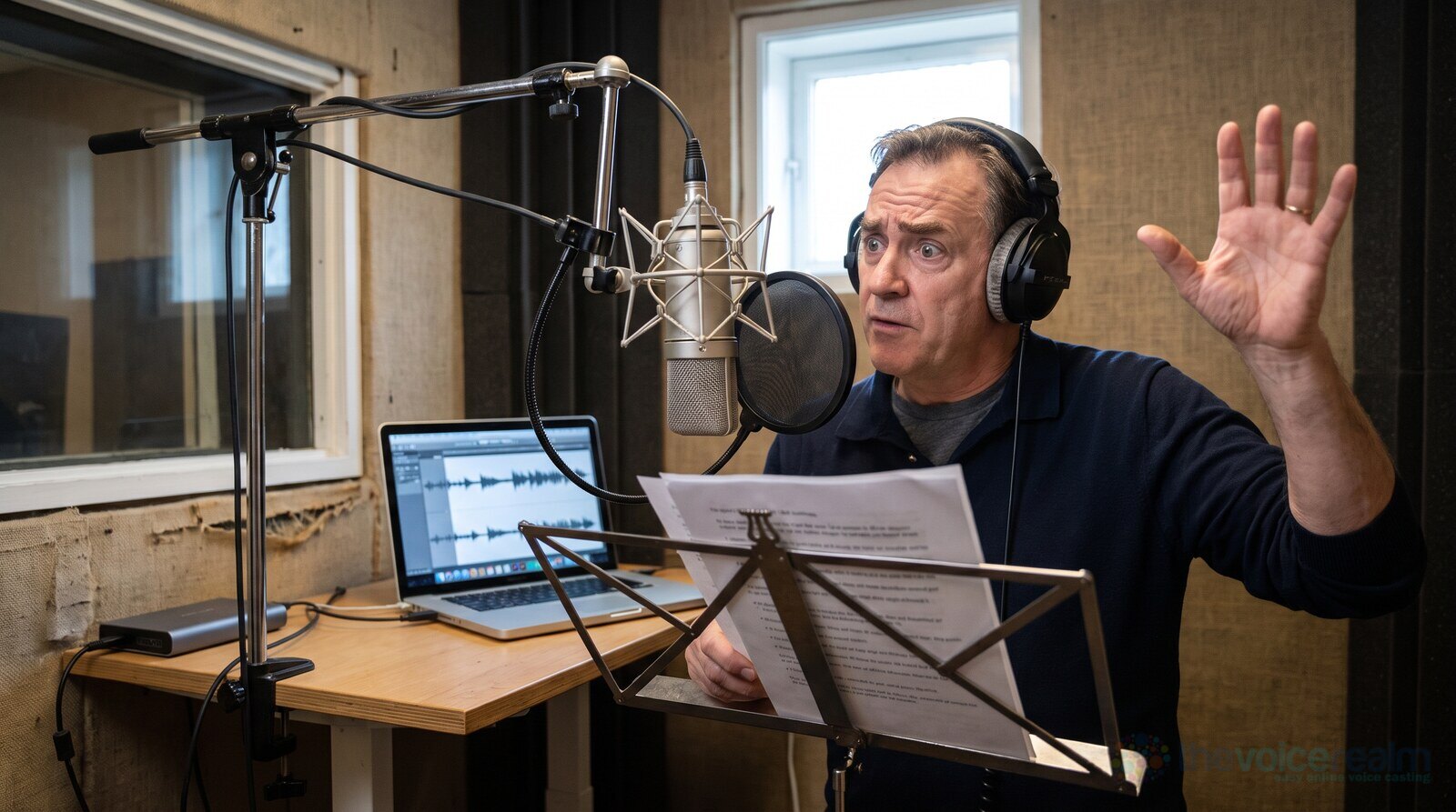 A voice actor in a home studio reading a script at the microphone, mid-performance with one hand raised © The Voice Realm
