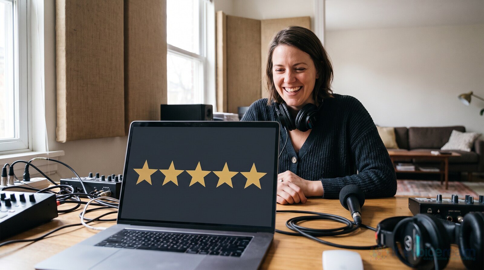 A smiling woman in headphones at a desk with a laptop showing a five-star rating © The Voice Realm