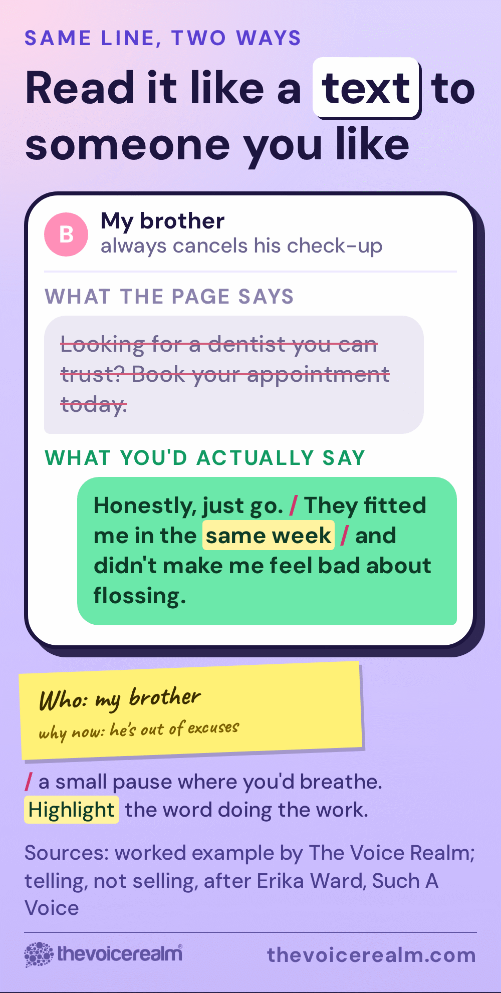 Graphic styled as a phone message thread showing a stiff radio style dentist line crossed out and the same idea rewritten as a text to a brother, with pause marks and the words same week highlighted © The Voice Realm