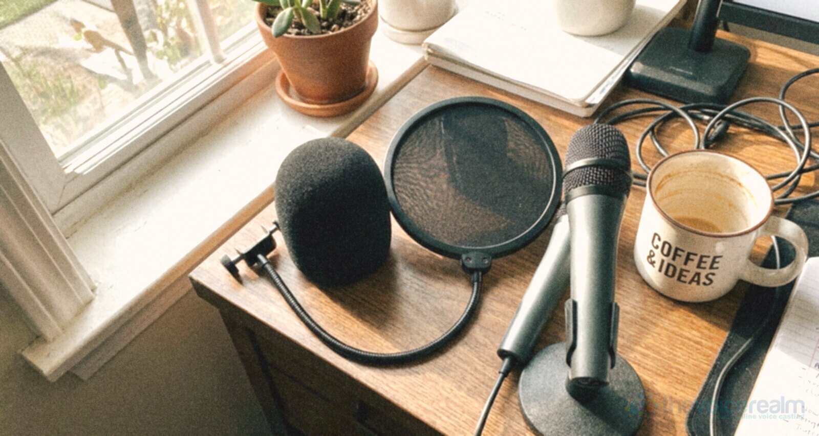 A black foam windscreen, a round mesh pop filter on a gooseneck and a plain dynamic microphone on a short desk stand lying side by side on a wooden home desk by a sunny window, a potted succulent and a coffee mug beside them © The Voice Realm