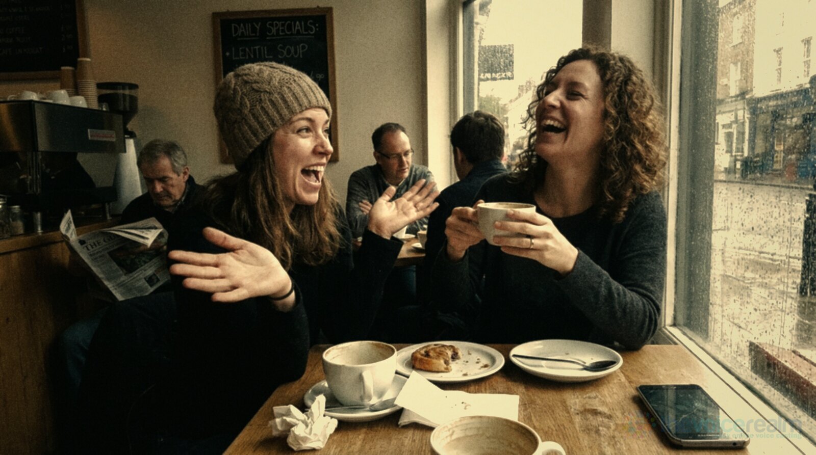 Two friends laughing over coffee at a rainy cafe window table, one mid story with an open hand gesture, a croissant and cups on the table © The Voice Realm