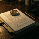 A stack of printed script pages with yellow sticky flags on a dark wooden desk at night, a cloth tape measure coiled on top, a pencil and closed-back headphones beside them © The Voice Realm