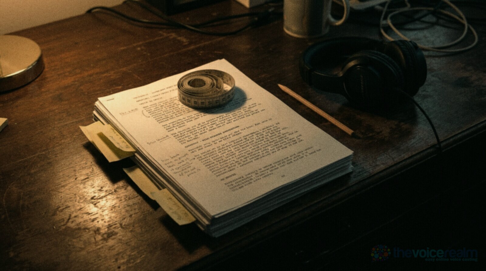 A stack of printed script pages with yellow sticky flags on a dark wooden desk at night, a cloth tape measure coiled on top, a pencil and closed-back headphones beside them © The Voice Realm