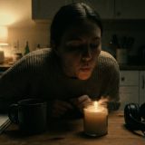 A woman in a knitted jumper leaning over a lit candle on her kitchen table at night, saying a word beginning with P so the flame bends away from her, a mug of tea and a pair of headphones beside the candle © The Voice Realm