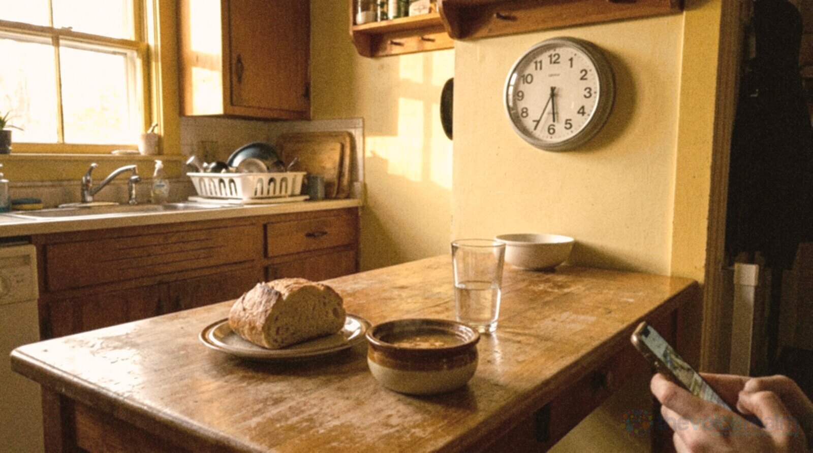 A cleared kitchen table early in the evening with a bowl of soup, a slice of bread and a glass of water, a wall clock behind showing about half past six, and a hand holding a phone at the edge of the frame © The Voice Realm