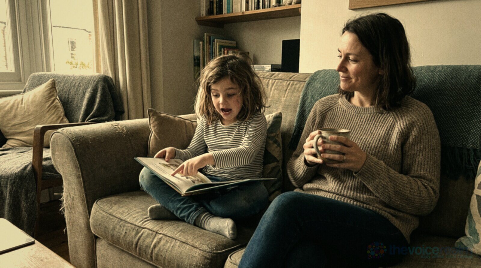 A girl reading a picture book aloud on a living room sofa with wide expressive eyes while her mother sits beside her holding a mug and smiling, in soft warm film colours © The Voice Realm
