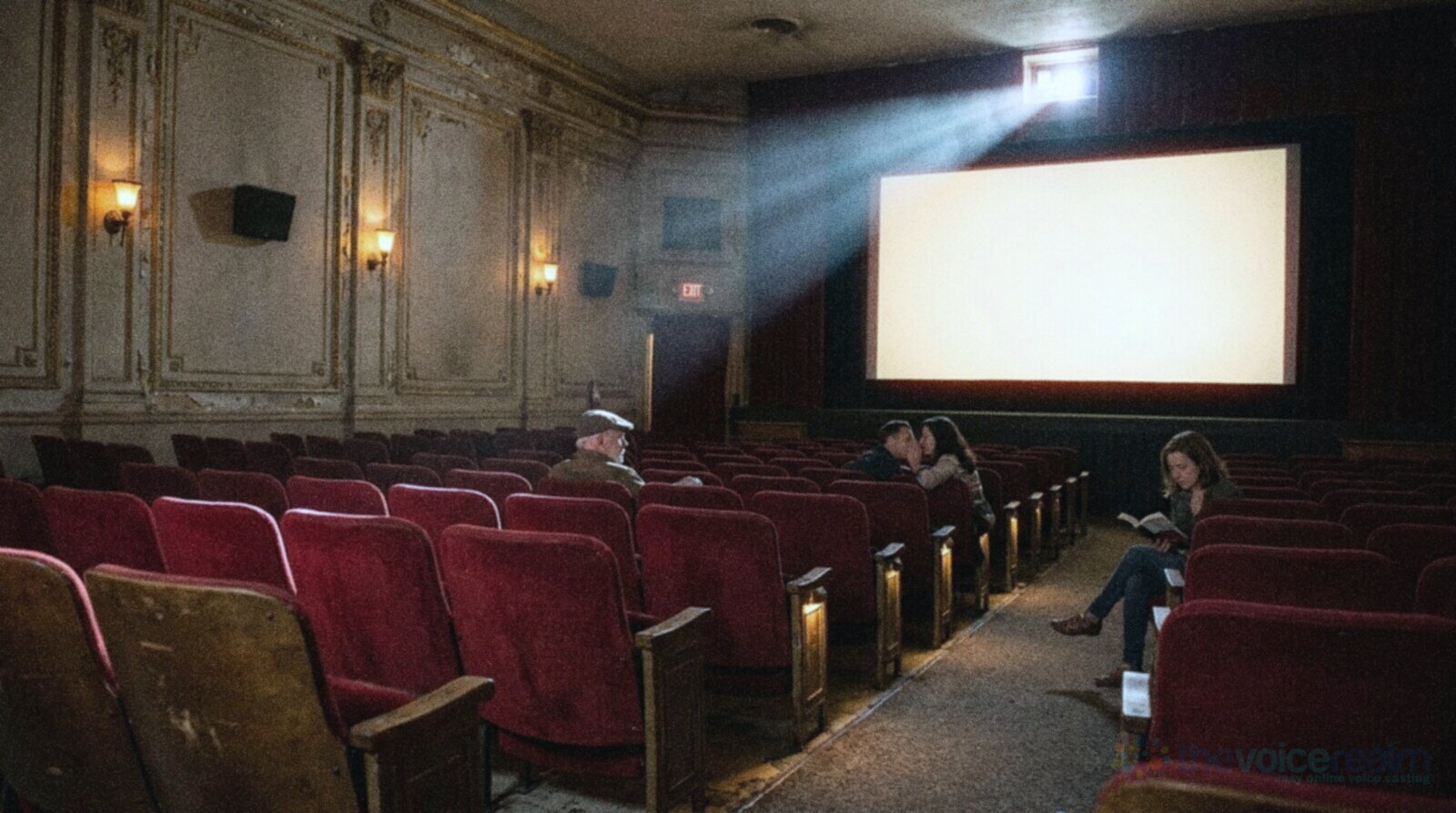 An old single-screen cinema before the film starts, worn red velvet seats, a dusty shaft of light from a high window, a bright blank screen, and a few people sitting far apart © The Voice Realm