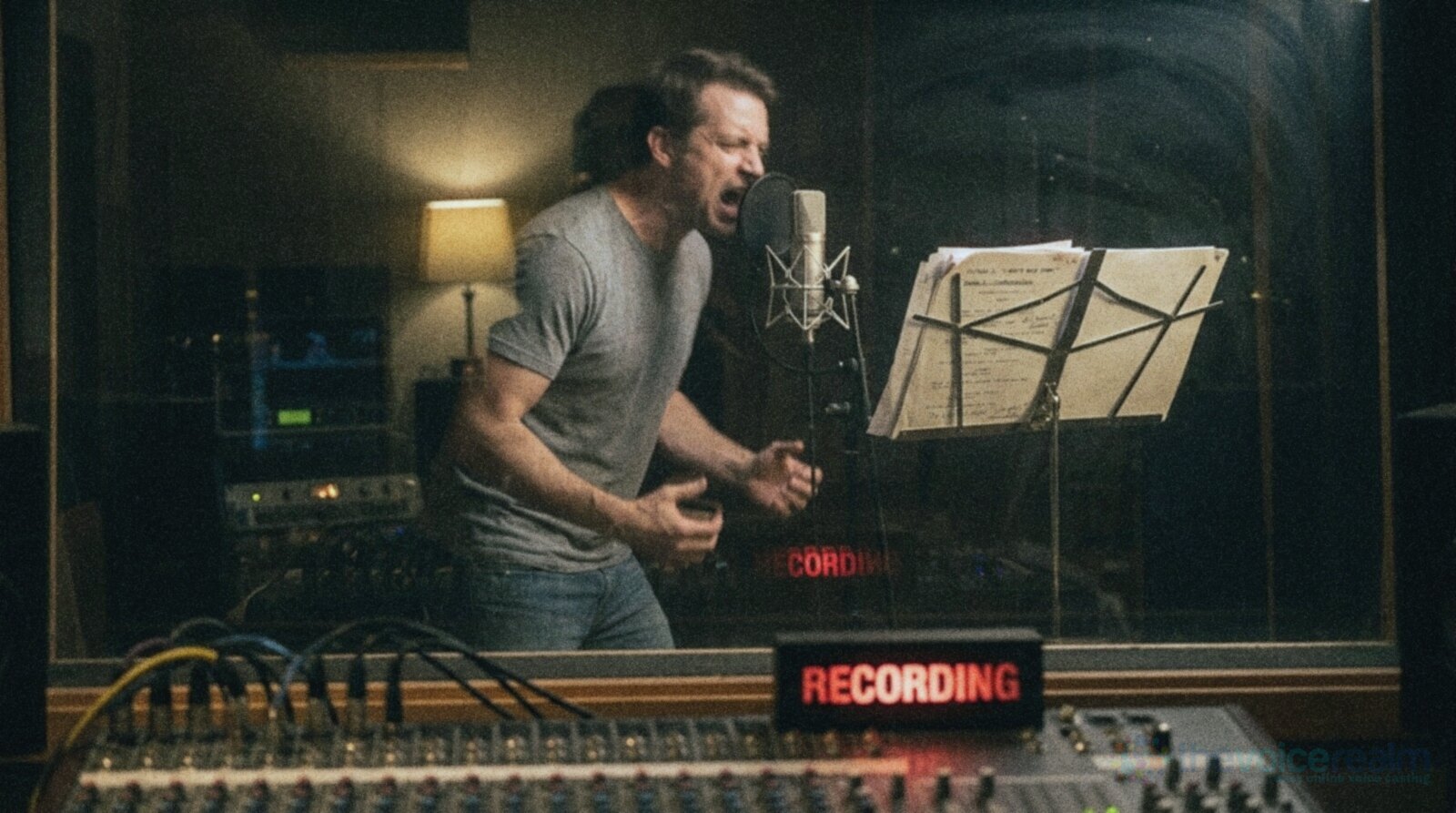 Seen through the control room glass at night, a man in a grey t-shirt leans towards a studio microphone mid-shout with his fists clenched, a music stand of script pages beside him and a red RECORDING sign glowing on the desk in the foreground, in cool grainy film colours © The Voice Realm