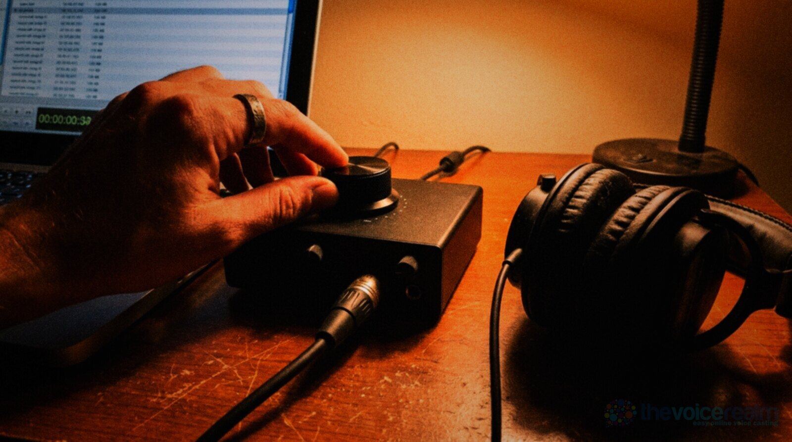 A hand turns the big gain knob on a small black two-input audio interface on a scuffed wooden desk at night, an XLR cable plugged into its front, closed-back headphones beside it and a laptop showing a recording session, in rich warm film colours © The Voice Realm