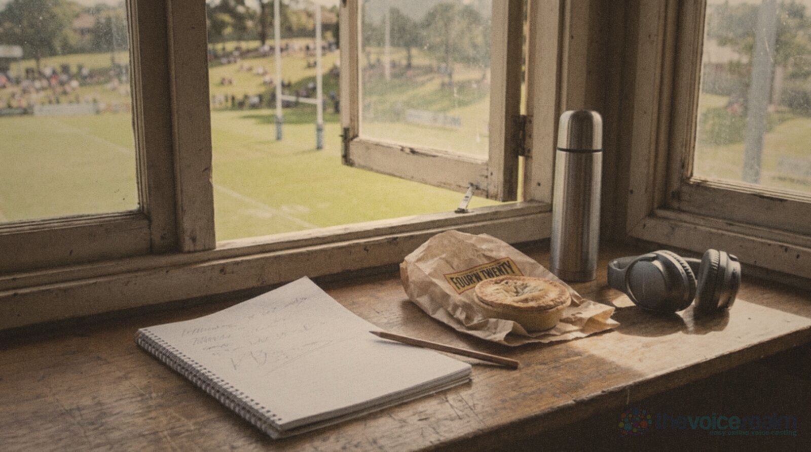 An open spiral notebook, a pencil, a meat pie in a paper bag, a thermos and headphones on the timber desk of a small press box looking out over a suburban Australian rugby league ground on a sunny afternoon © The Voice Realm