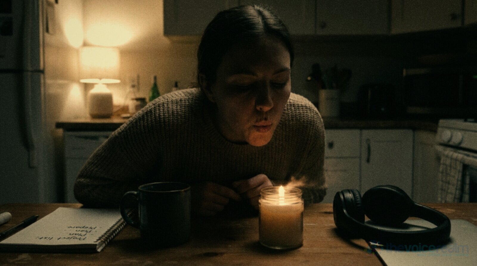A woman in a knitted jumper leaning over a lit candle on her kitchen table at night, saying a word beginning with P so the flame bends away from her, a mug of tea and a pair of headphones beside the candle © The Voice Realm