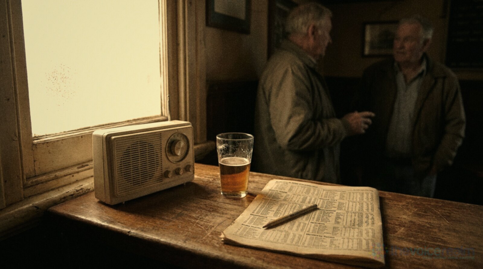 A cream transistor radio on a worn timber pub bar beside a schooner of beer and a folded page of race fields with a pencil, two older men chatting in the background on a spring afternoon © The Voice Realm