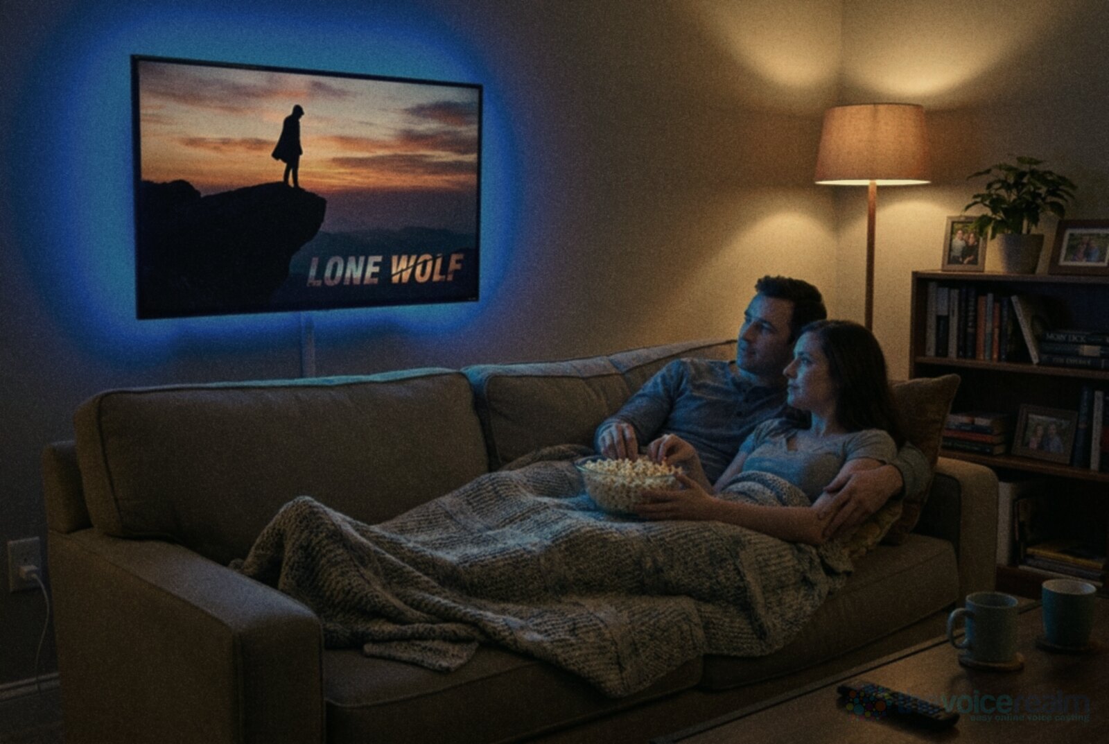 A couple under a blanket on a sofa at night sharing a bowl of popcorn, their faces lit by a wall-mounted television showing a promo of a lone figure on a cliff at sunset, in soft faded film colours © The Voice Realm