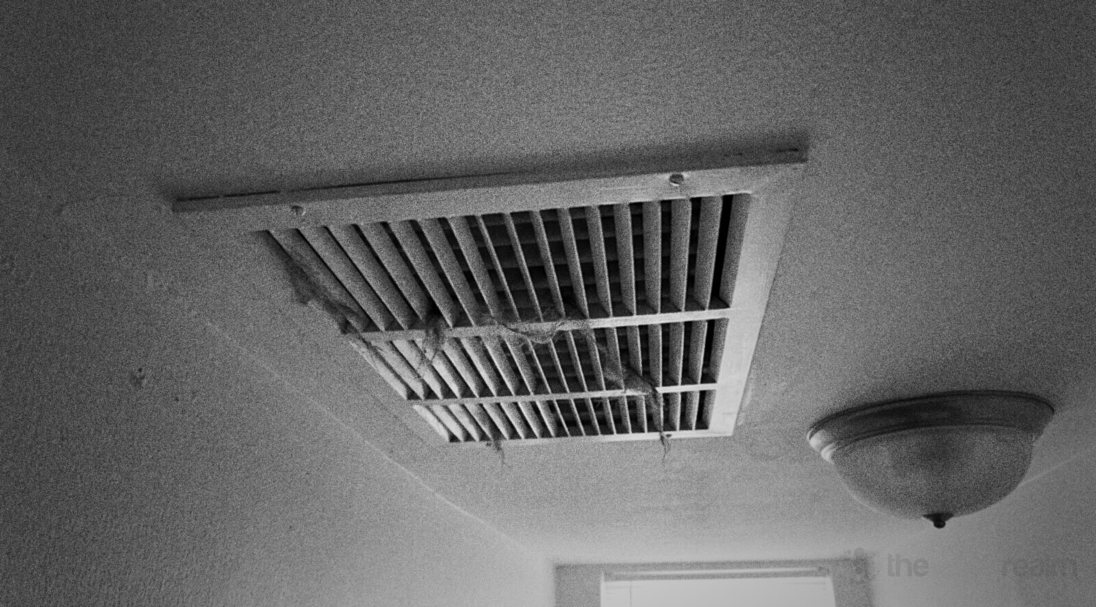 Looking up at a dusty white air vent grille in the ceiling of a home hallway beside a round light fitting, black and white photograph © The Voice Realm