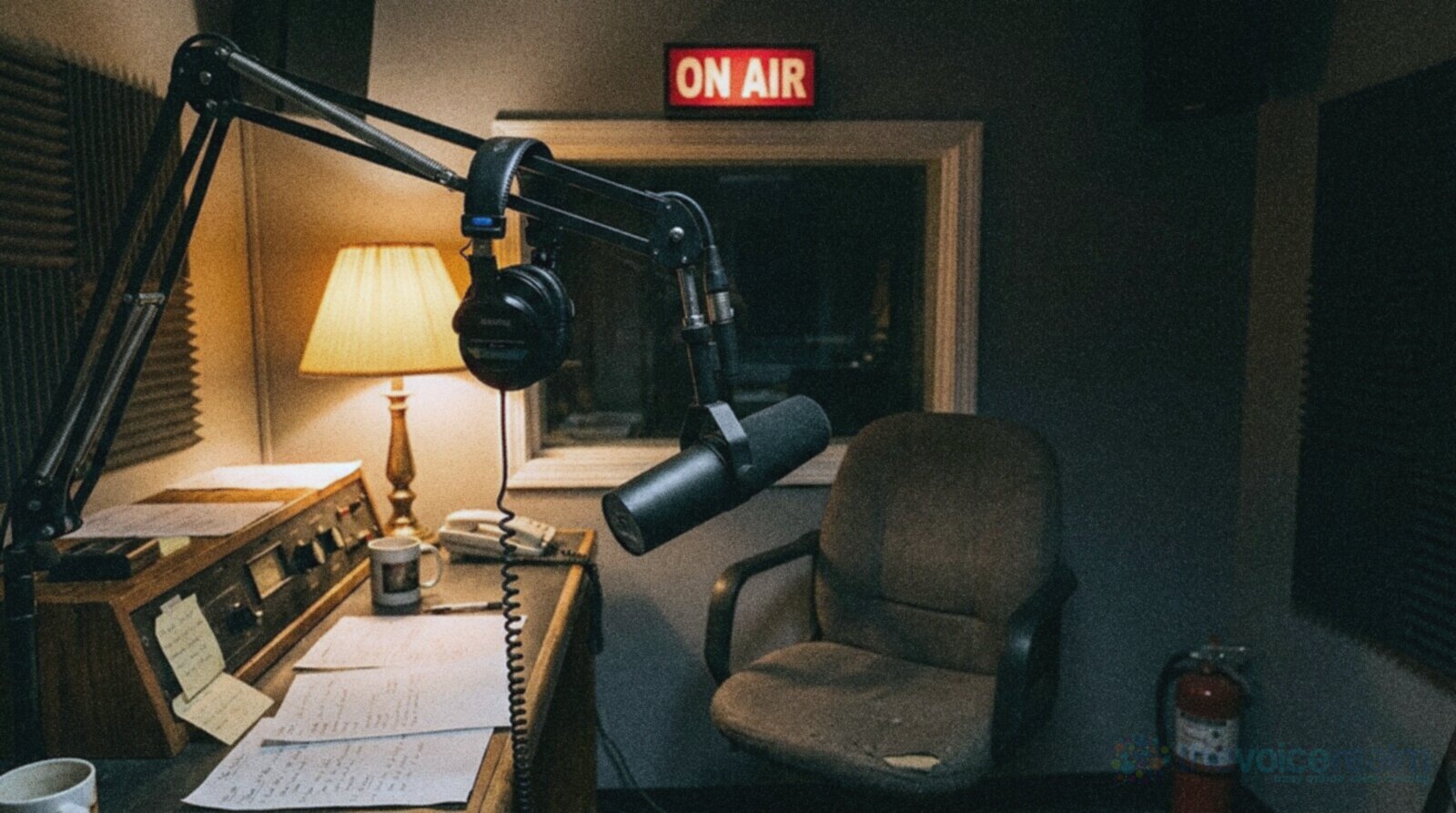 An empty small radio studio at night: a black broadcast microphone on a boom arm angled towards an empty chair, headphones hanging from the arm and a lit red ON AIR sign on the wall, in cool grainy night film colours © The Voice Realm