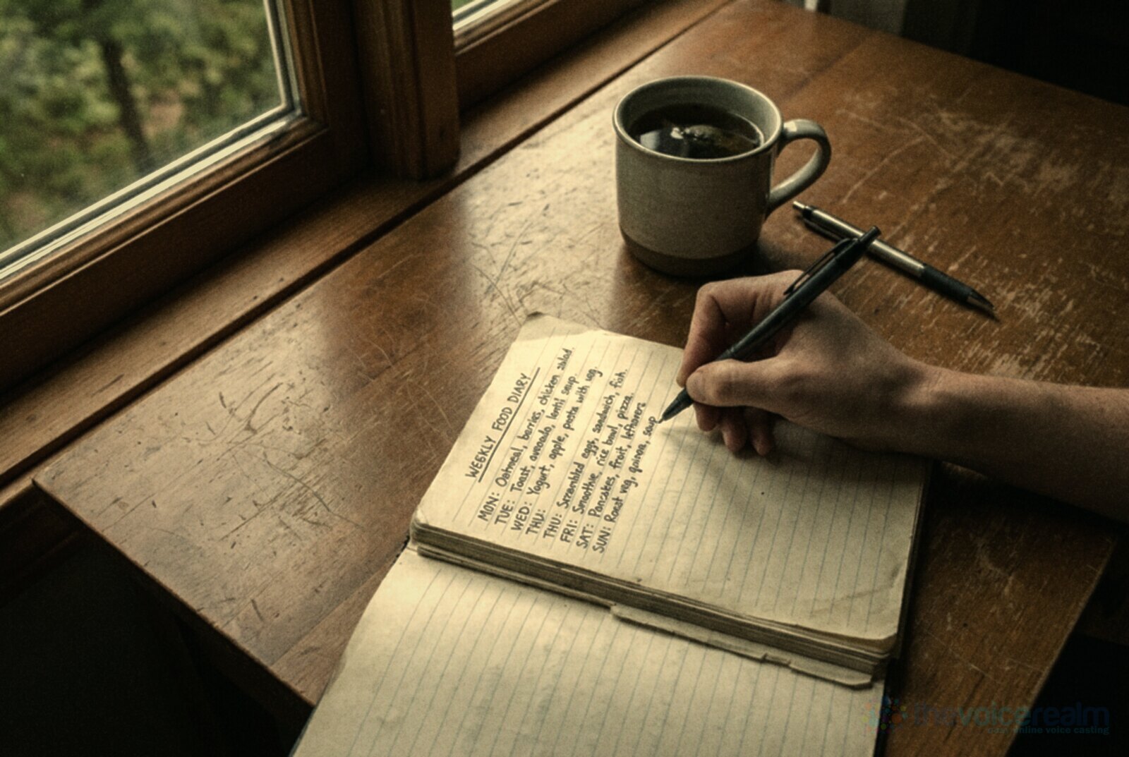 A hand writing a weekly food diary in a lined notebook beside a mug of herbal tea on a wooden desk by a window © The Voice Realm