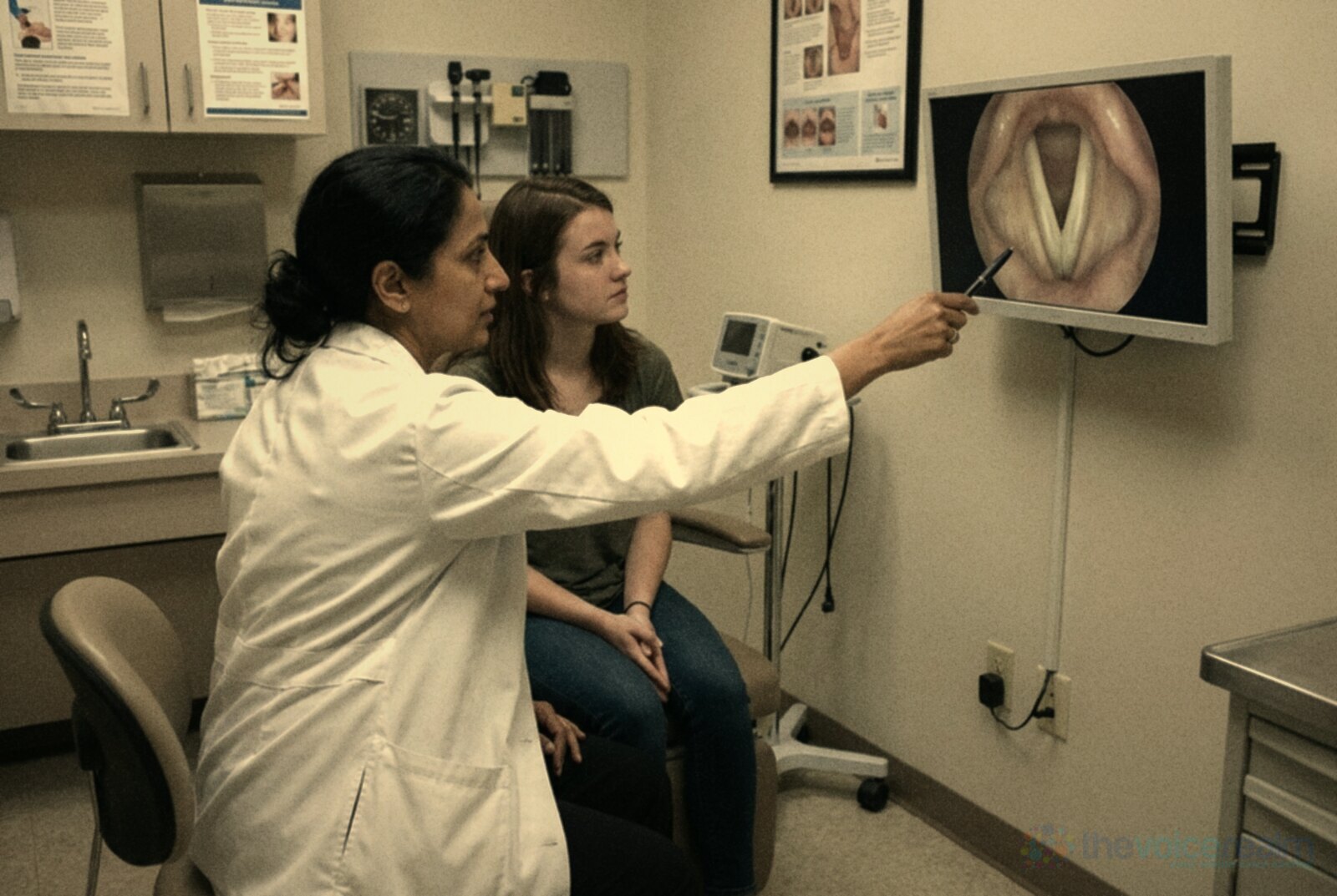 A doctor in a white coat points a pen at a wall monitor showing a close-up of a patient's vocal folds, a pale V shape in pink tissue, while the young woman beside her in the exam chair looks on, in soft faded film colours © The Voice Realm