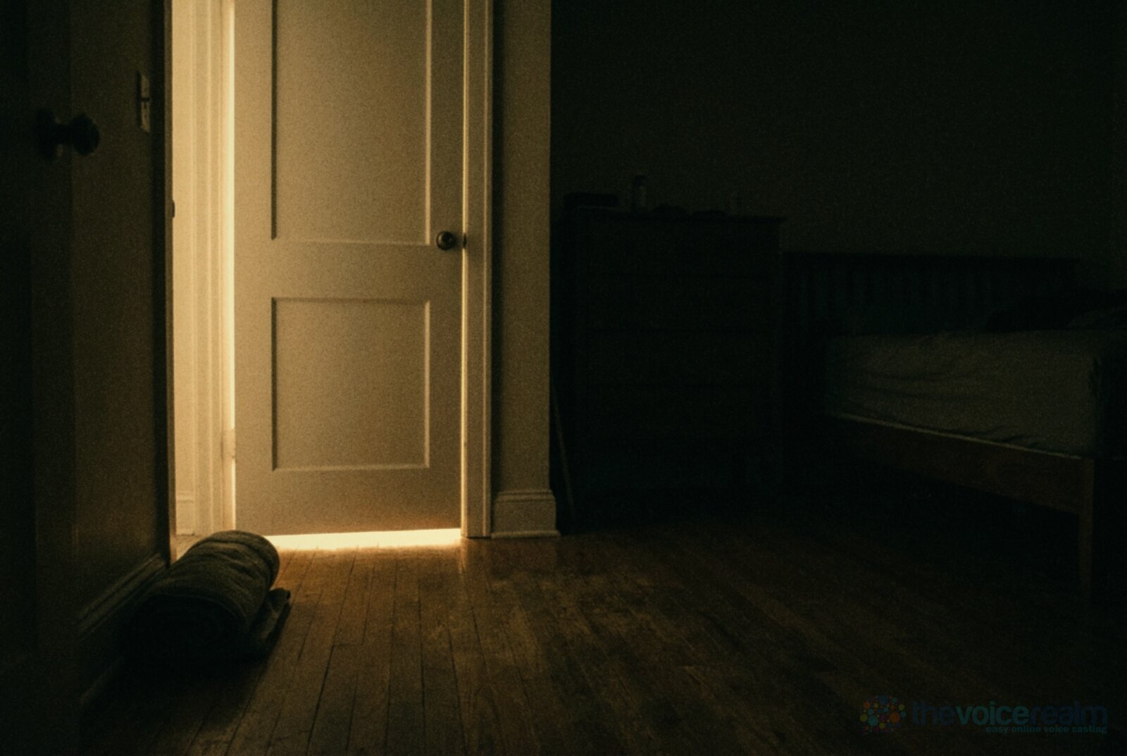 A dark bedroom at night with a strip of warm hallway light shining under a white interior door and a rolled towel lying on the floorboards beside it, in soft warm faded film colours © The Voice Realm