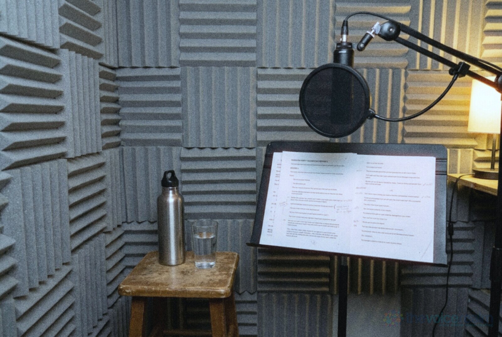 A small home voice over booth lined with grey foam: a steel water bottle and a glass of water on a wooden stool beside a music stand of script pages, a microphone with a pop filter on a boom arm © The Voice Realm