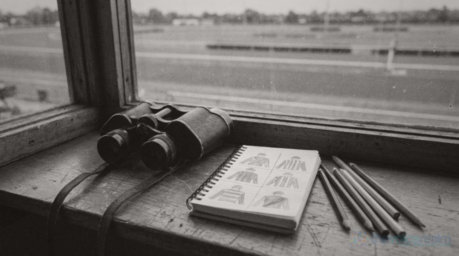 Black binoculars, coloured pencils and a small notebook of hand-drawn jockey silks on a wooden ledge in a commentary box, the racetrack blurred through the window beyond © The Voice Realm