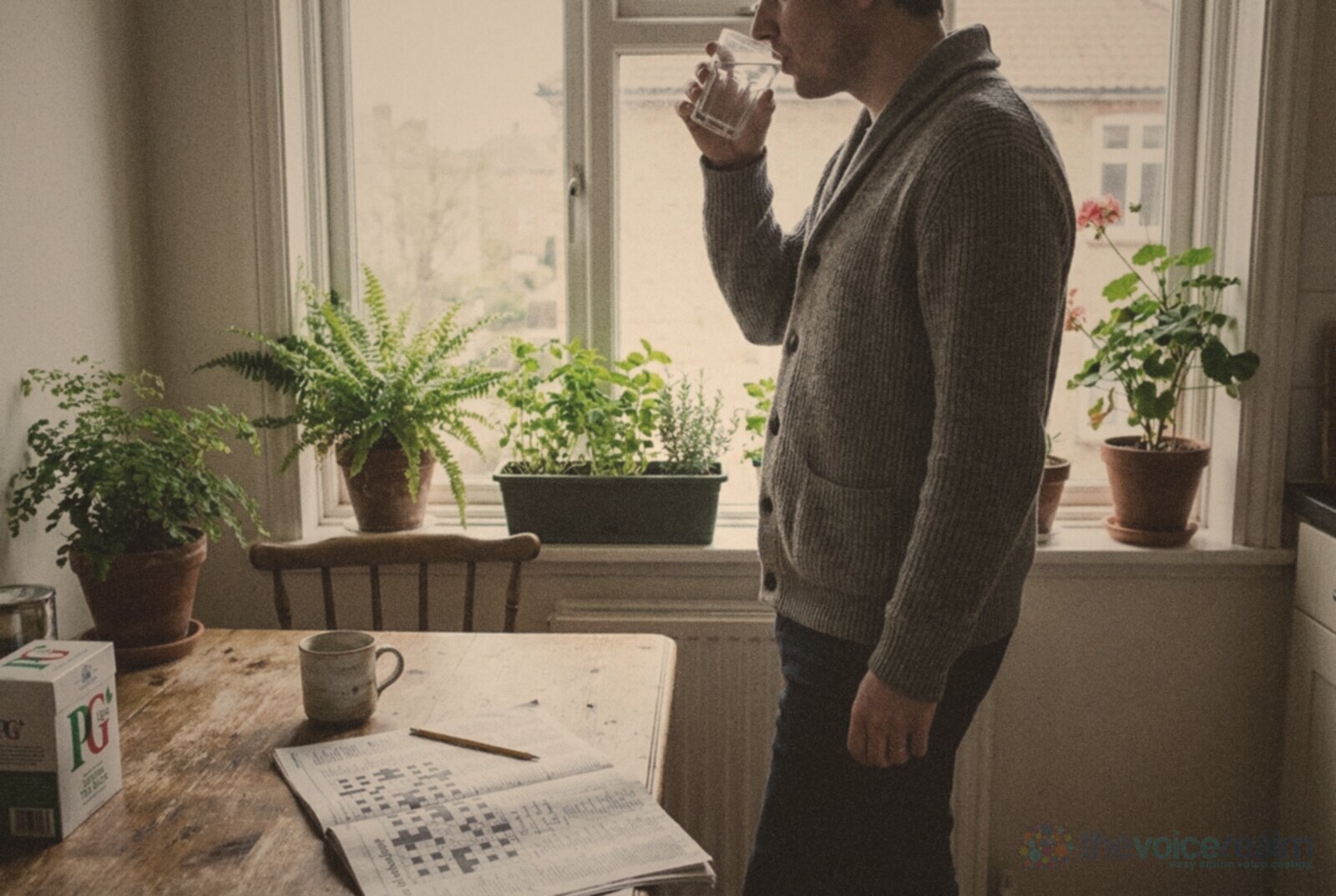 A man in a cardigan sipping a glass of water at a kitchen window with potted plants on the sill and a crossword on the table, in faded film colours © The Voice Realm