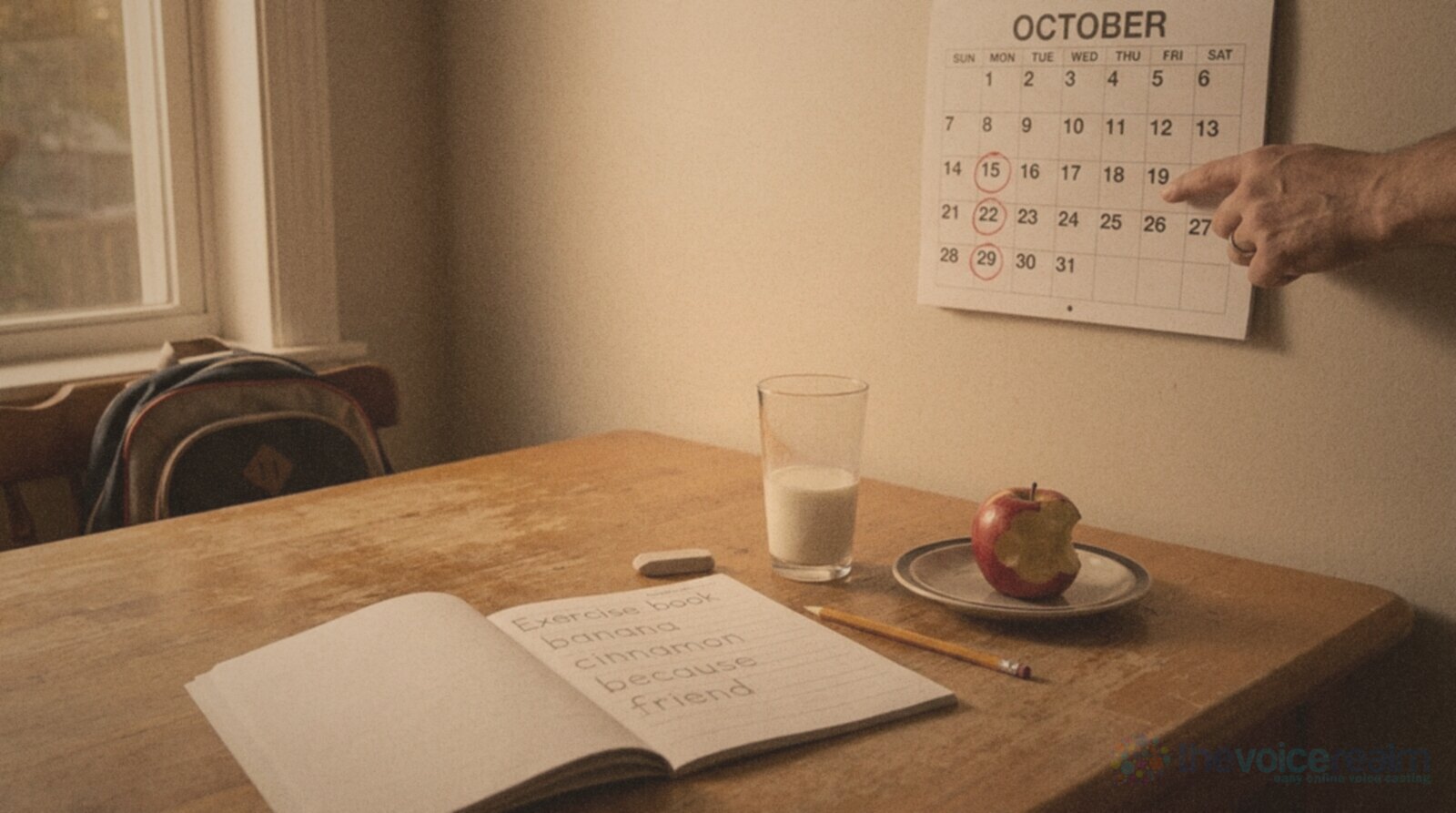 A kitchen table after school with an exercise book of spelling words, a glass of milk and a bitten apple, and a parent's hand pointing at a wall calendar with three days circled in red, in faded film colours © The Voice Realm