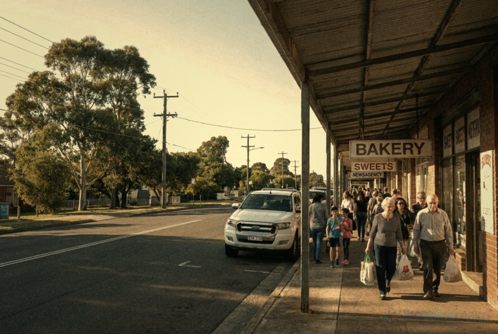 Shoppers walking under the footpath awning of a suburban shopping strip with a bakery, a sweets shop and a newsagency, gum trees and power poles along the road © The Voice Realm