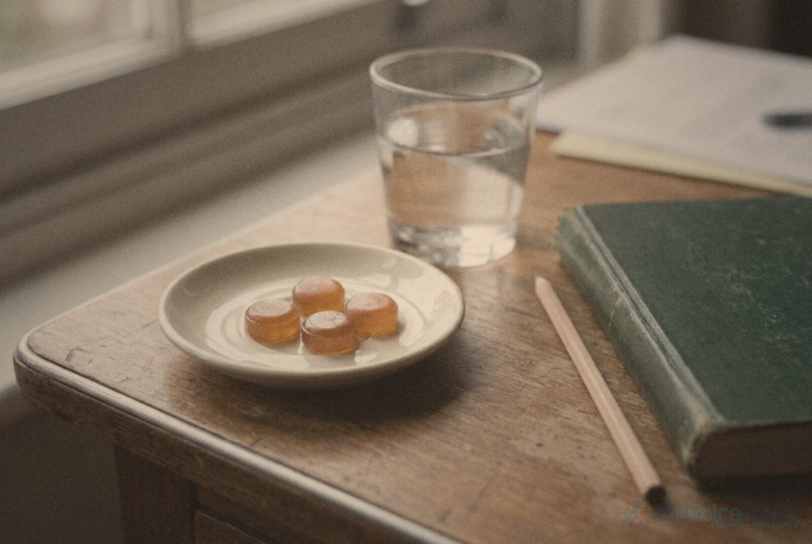 Four round amber glycerin throat pastilles on a small cream saucer beside a glass of water, a pencil and an old green clothbound notebook on a wooden desk by a window, in seventies print colours © The Voice Realm