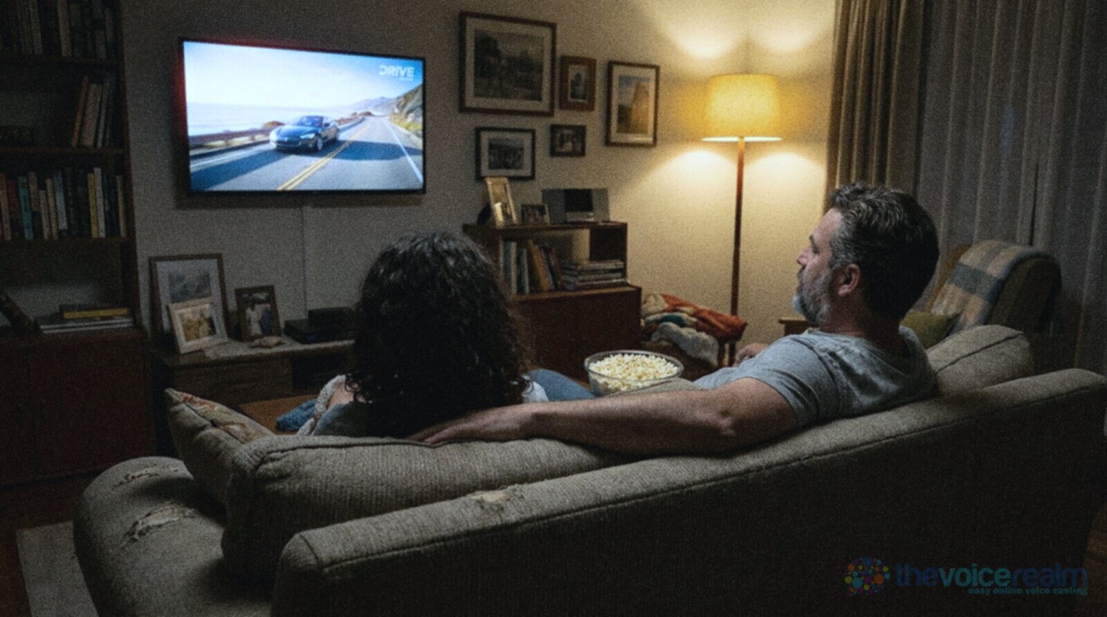 A father and teenage daughter on a sofa in a lamp-lit living room, seen from behind, a car advert on a coastal road playing on the wall TV and a bowl of popcorn between them © The Voice Realm