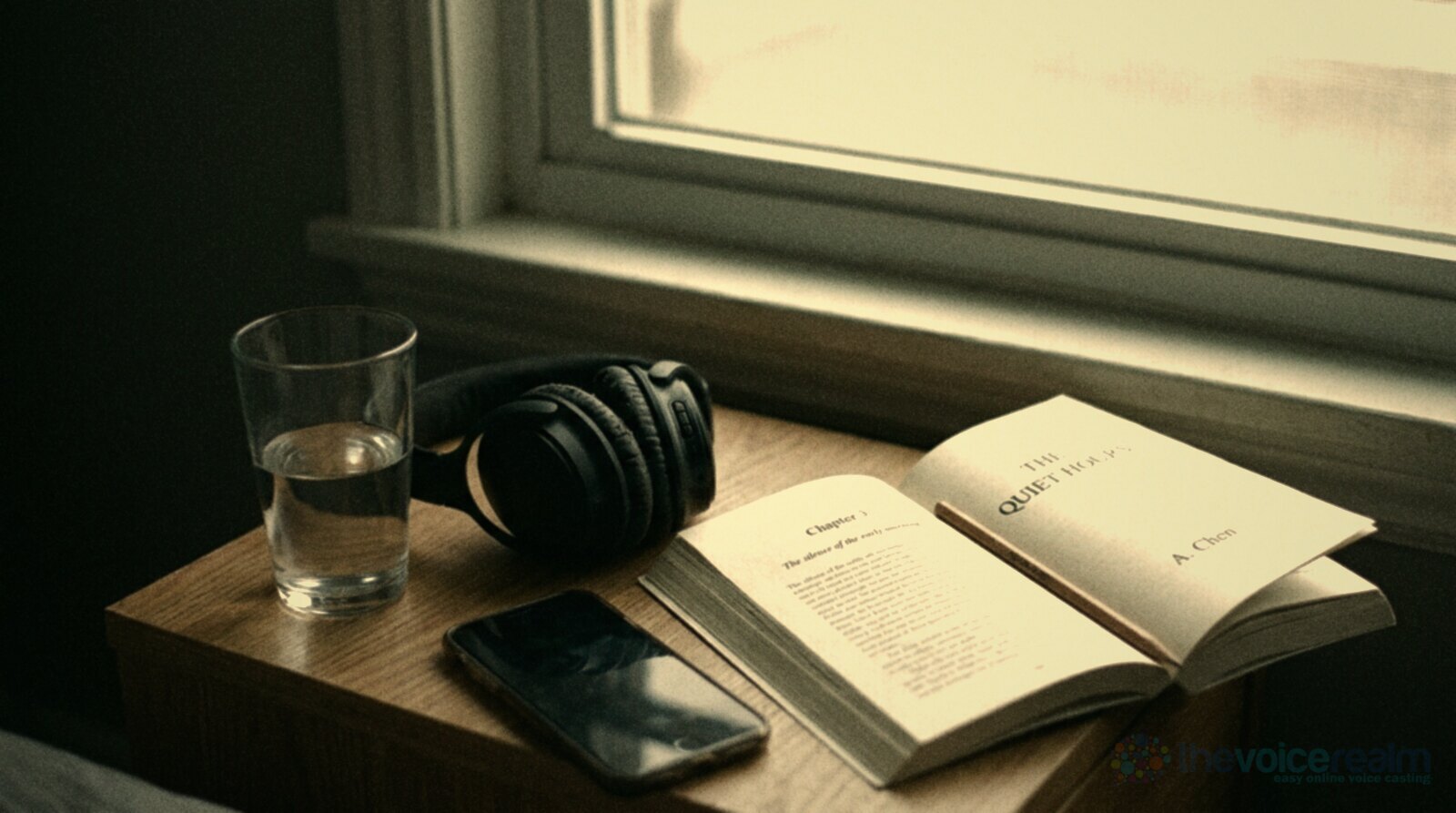 A wooden bedside table at first light with a plain glass of water, a pair of over-ear headphones, a phone face down and an open paperback with a pencil as a bookmark beside a window © The Voice Realm