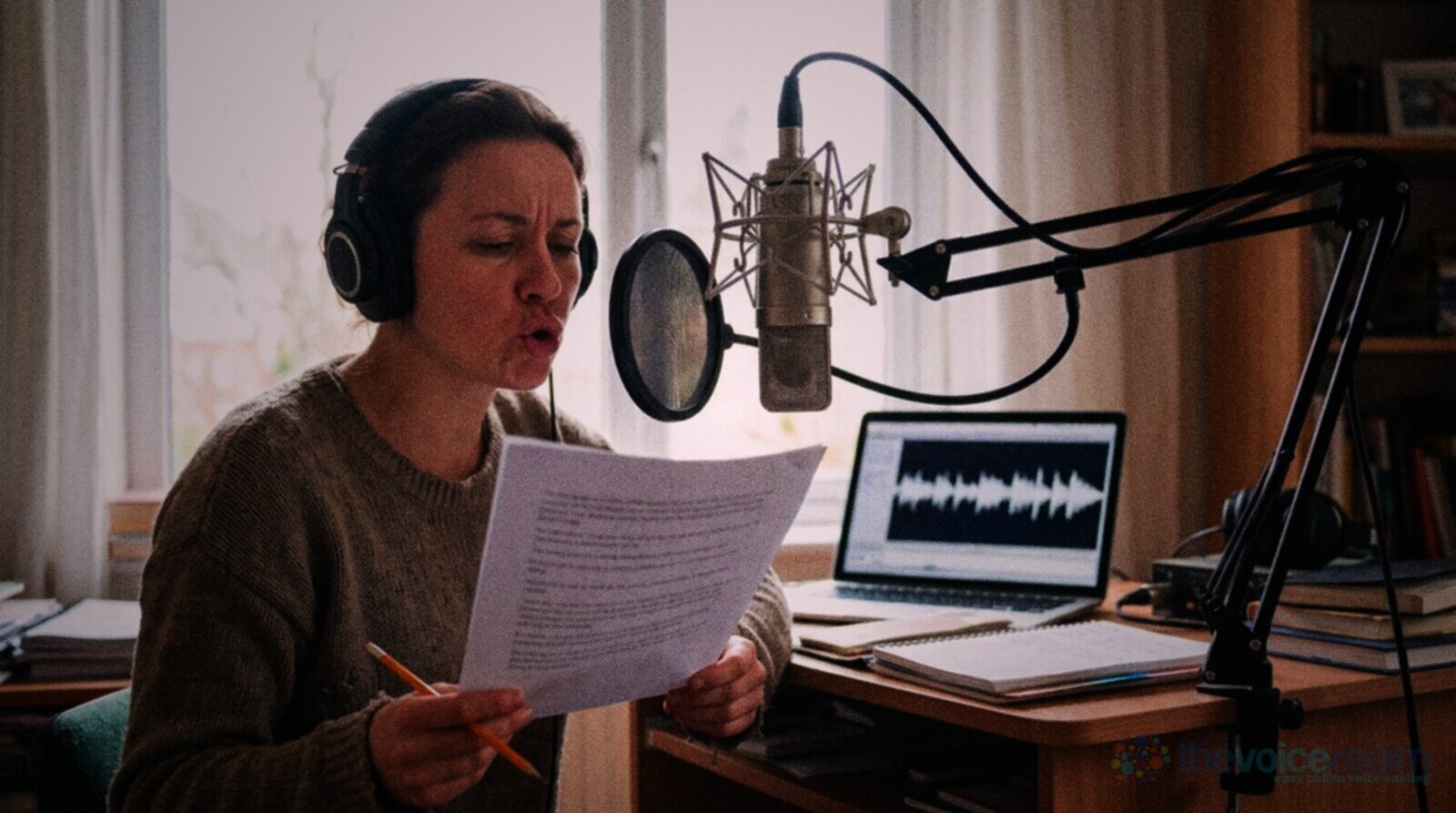 A woman in headphones at a home studio microphone, reading a printed script aloud with a pencil in her hand, a laptop showing a waveform on the desk behind © The Voice Realm